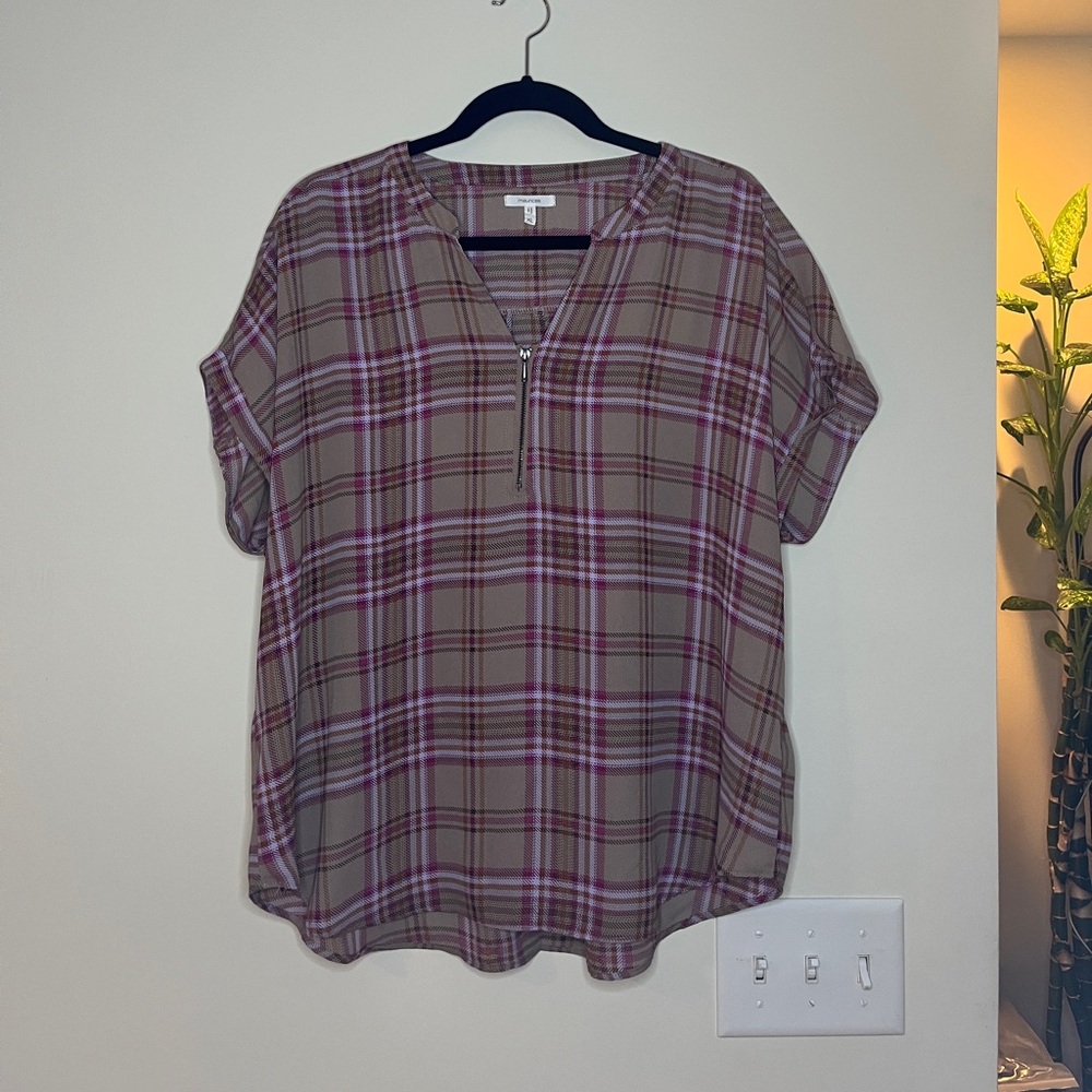 Maurices Plaid Blouse - Tan and Pink